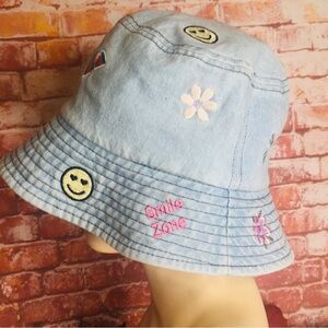 Retro Blue Denim Happy Hippie Embroidered Patch Bucket Hat